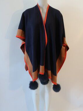 NWT Womens Tina Demel Navy, Coral 3 Tone Cape Sweater W/Fox Fur Pom Pom's O/S **